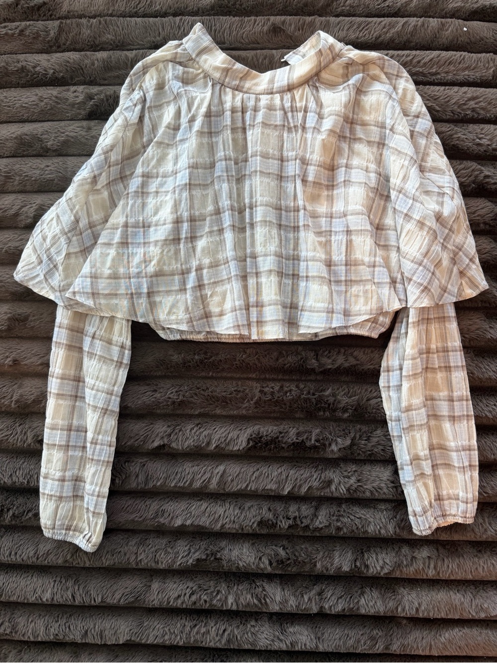Zara Cream and Beige Plaid Cropped Blouse